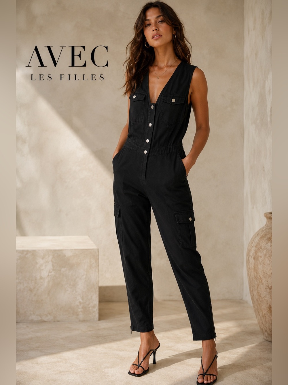 Avec Les Filles Black Utility Cargo Jumpsuit Size 6 Lyocell Tapered Leg
